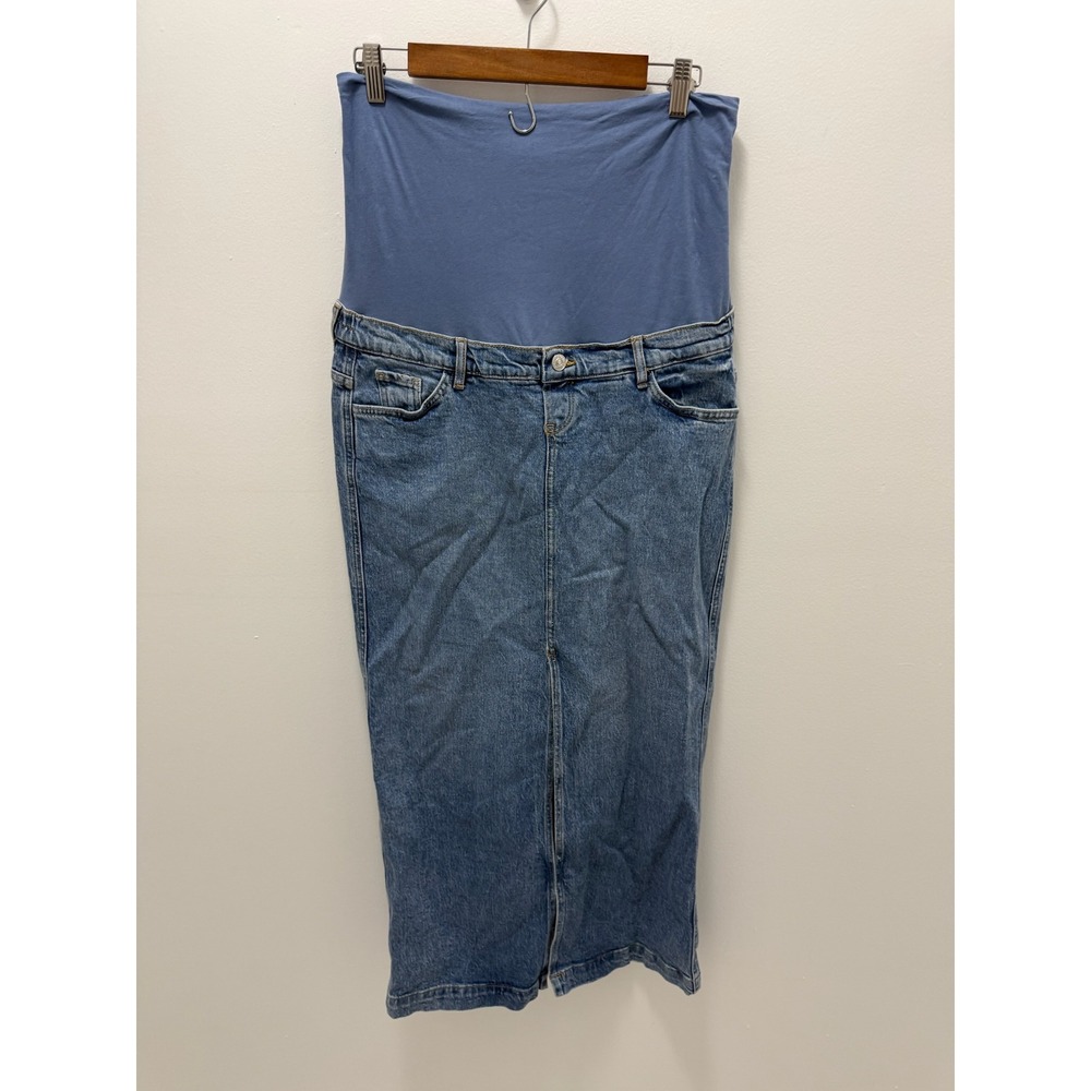 MNG Mango Maternity Denim Midi Skirt Blue Over the Belly Slit Size S